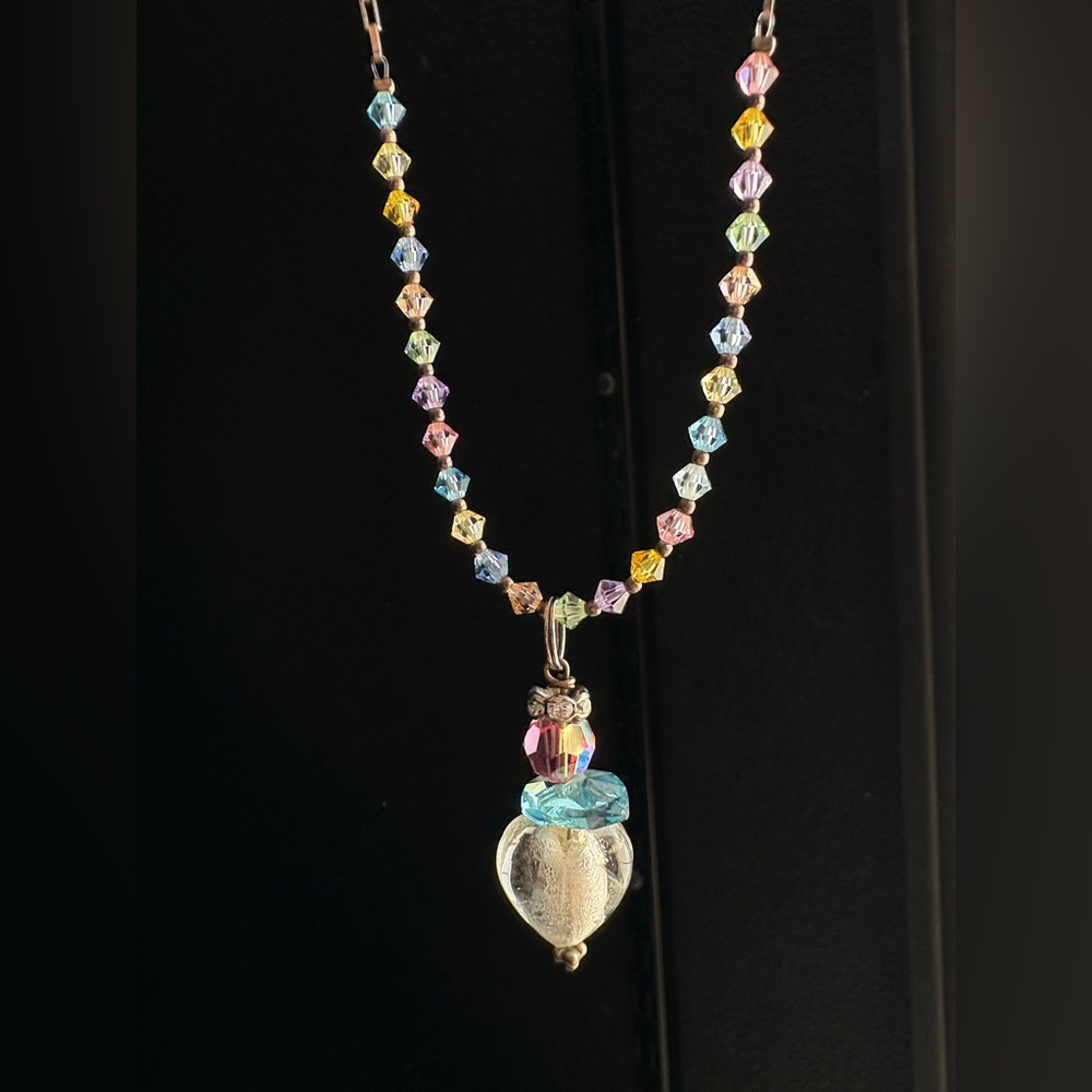 Sterling Chain Cut  Crystal Bead Heart Necklace